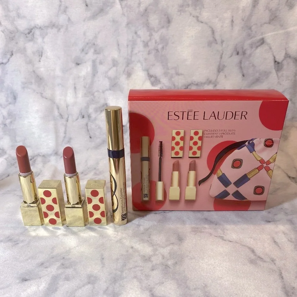 Estee Lauder Beauty Gift Set-2 Lipsticks & Mascara Full Size,Pouch-4pc-BOXED-NEW